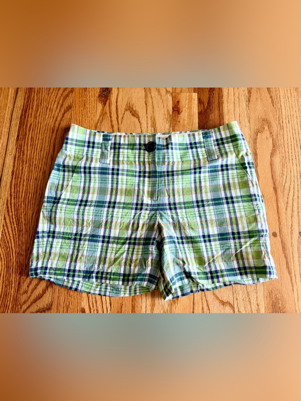 J. Crew City Fit Plaid Cotton Shorts in Green, Navy & Cream